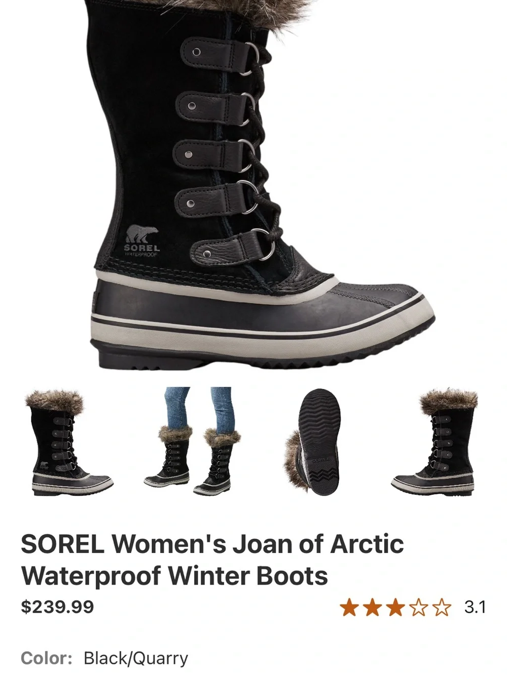 Sorel Black and Quarry Joan of Arctic Lace-Up Winter Boots